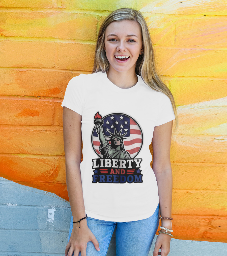 Liberty And Freedom Statue Of Liberty USA Flag Stars T-Shirt
