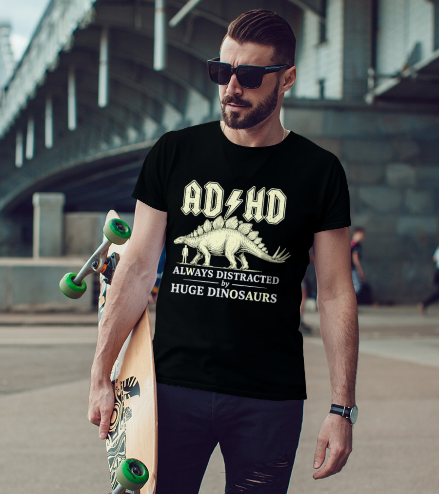 ADHD Always Distracted By Huge Dinosaurs Stegosaurus Lightning Bolt T-Shirt
