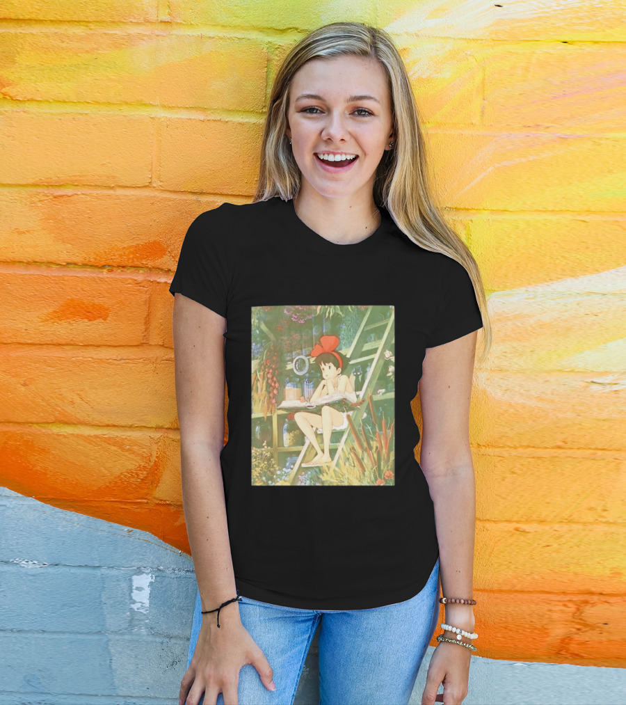 Kiki's Delivery Service Magic Book Cat And Botanical Greenhouse Scene T-Shirt