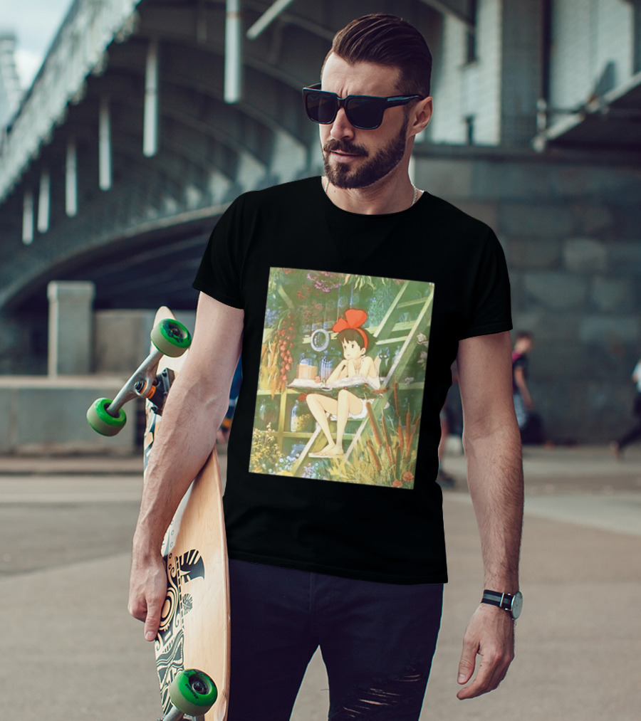 Kiki's Delivery Service Magic Book Cat And Botanical Greenhouse Scene T-Shirt