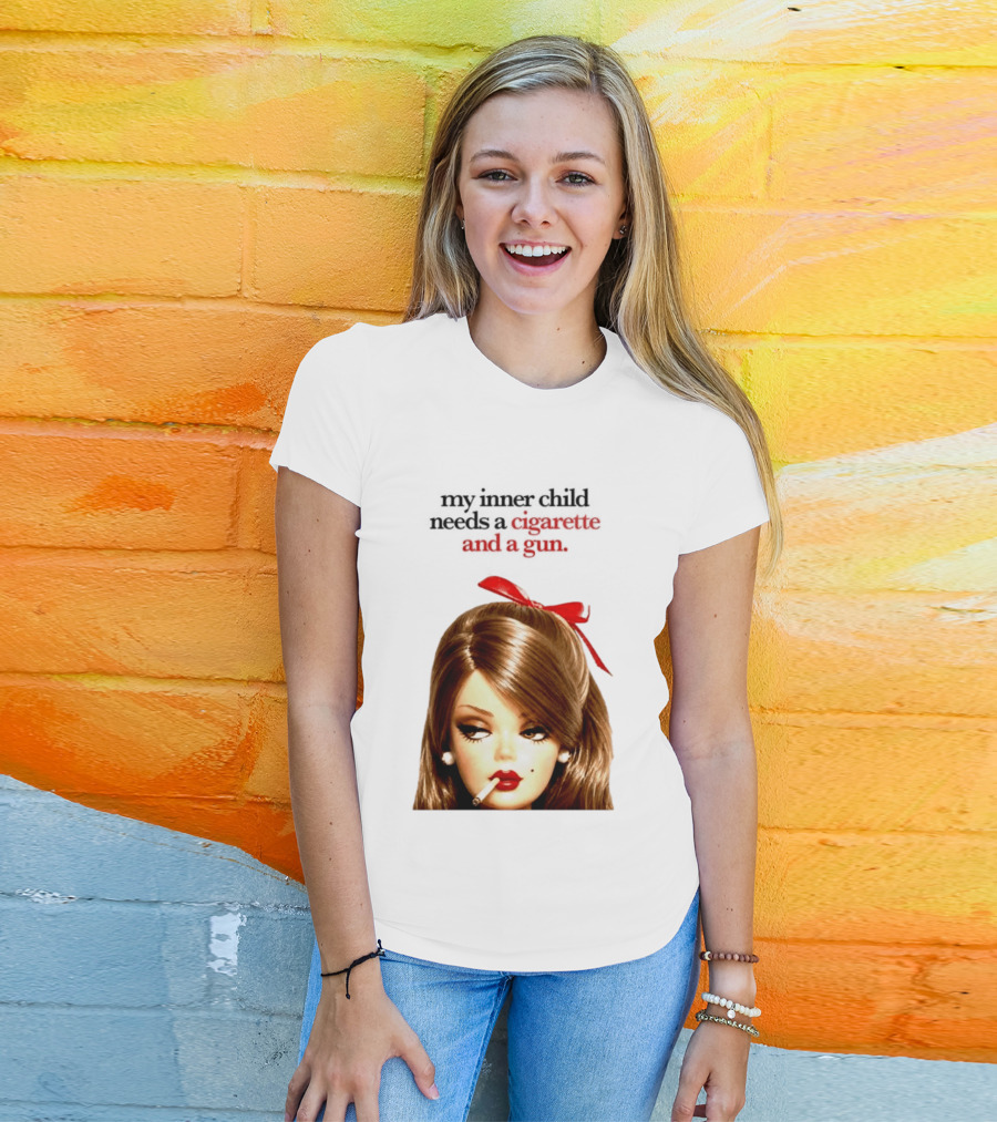 My Inner Child Needs A Cigarette And A Gun Doll Face Red Bow T-Shirt