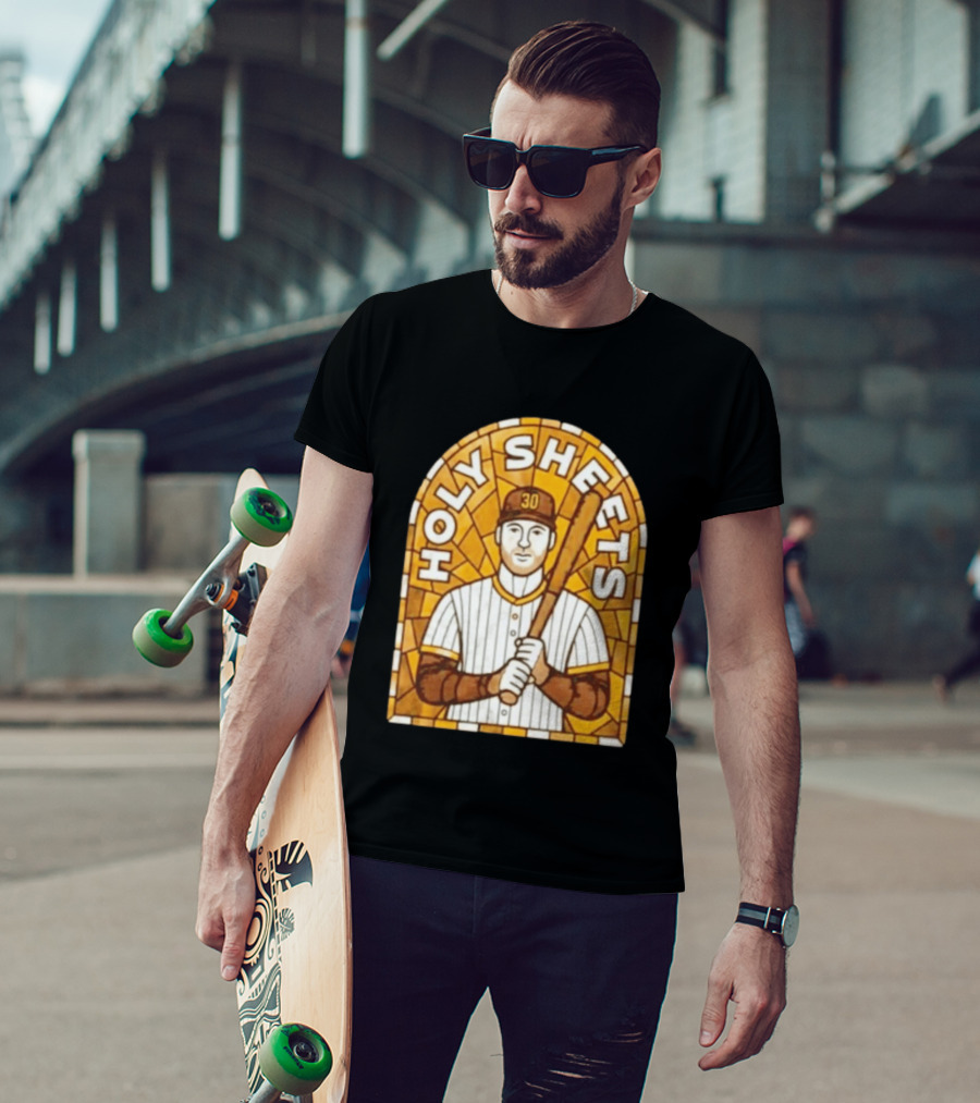 Holy Sheets Baseball Player Holding Bat 30 Stained Glass T-Shirt