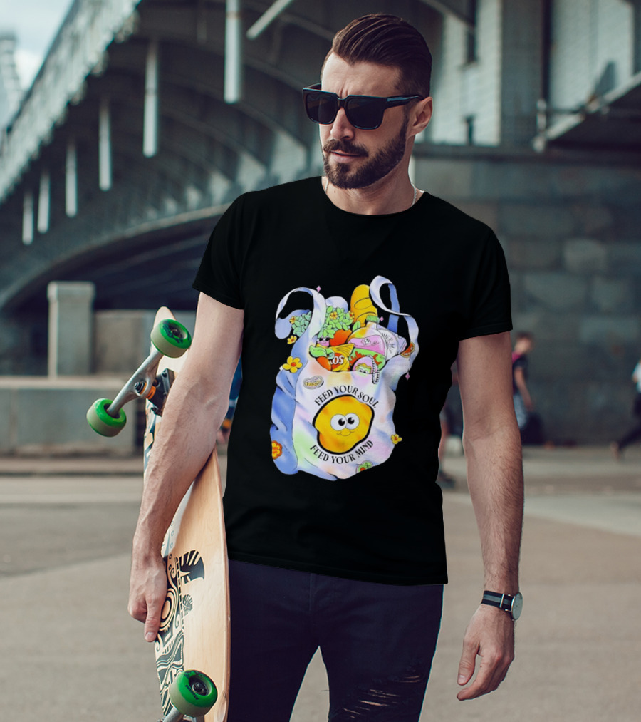 Feed Your Soul Feed Your Mind Bag With Groceries And Cartoon Face T-Shirt