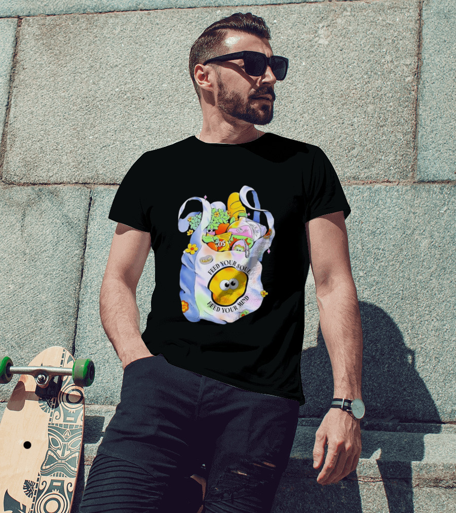 Feed Your Soul Feed Your Mind Bag With Groceries And Cartoon Face T-Shirt
