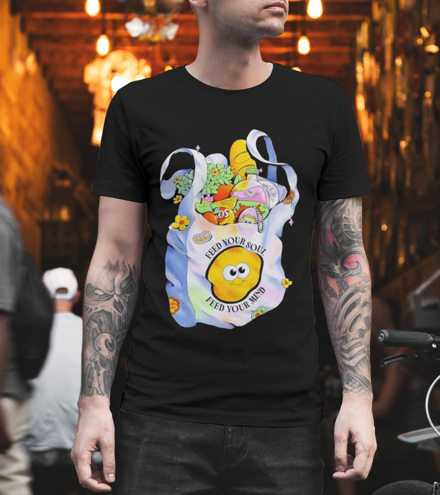 Feed Your Soul Feed Your Mind Bag With Groceries And Cartoon Face T-Shirt