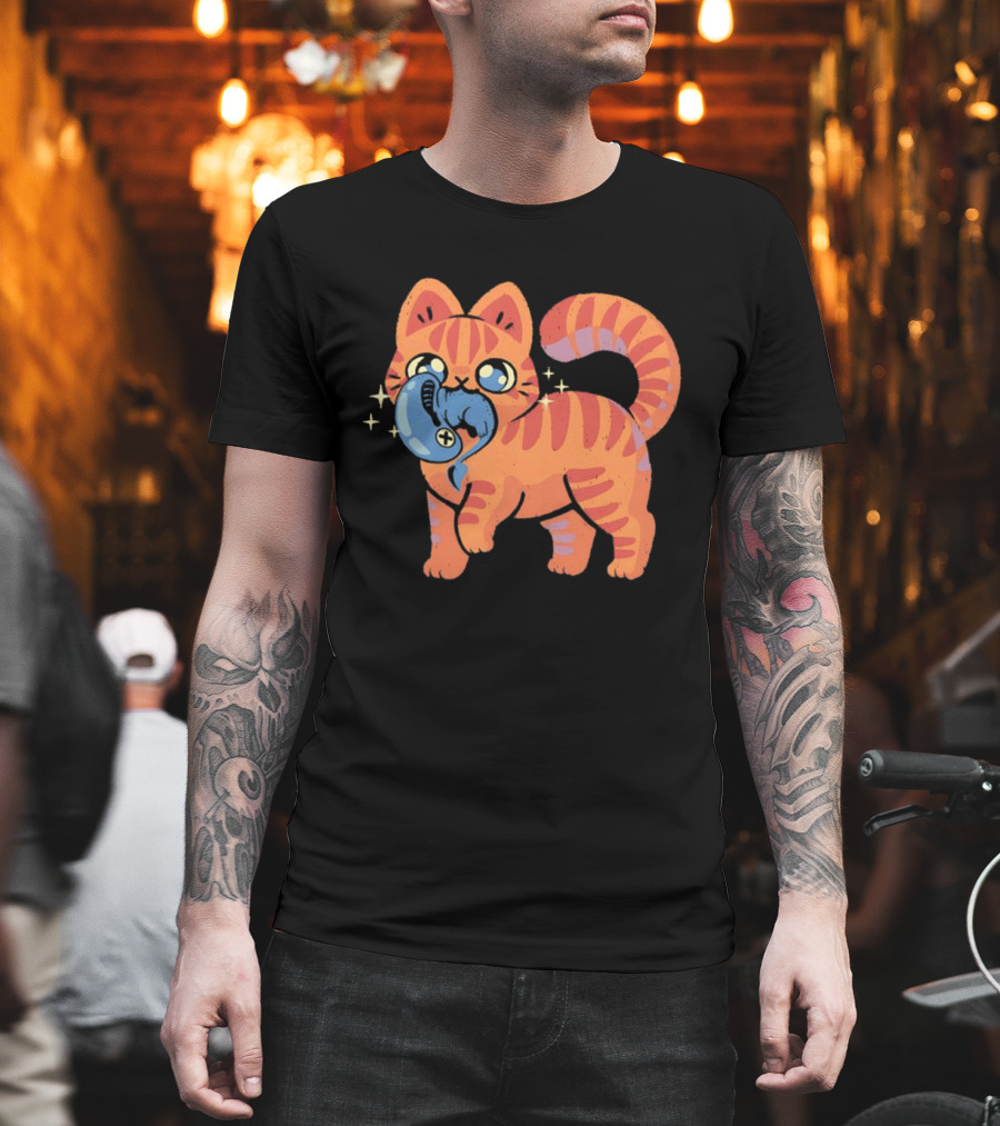 Orange Tabby Cat With Sparkles And Blue Alien Creature T-Shirt