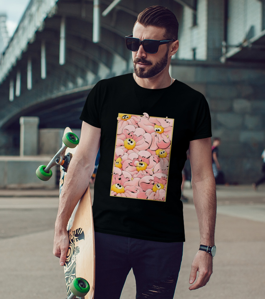Many Yellow Round Characters With Large Eyes In Pink Flowing Cascades T-Shirt