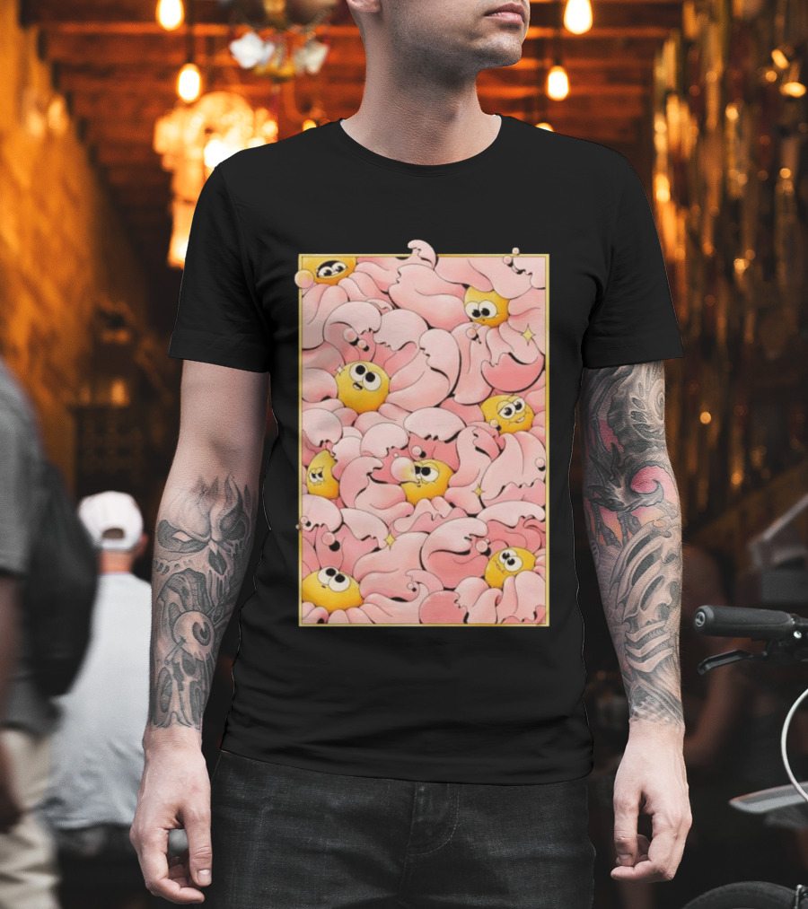 Many Yellow Round Characters With Large Eyes In Pink Flowing Cascades T-Shirt