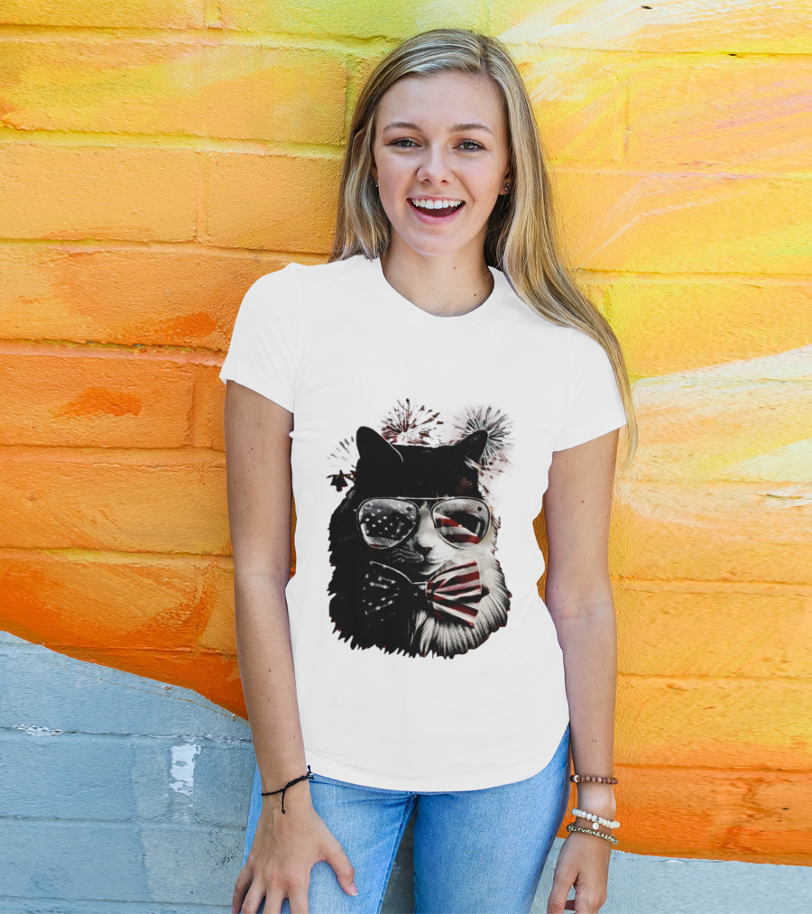 American Flag Cat Sunglasses And Bowtie Fireworks Independence Day T-Shirt