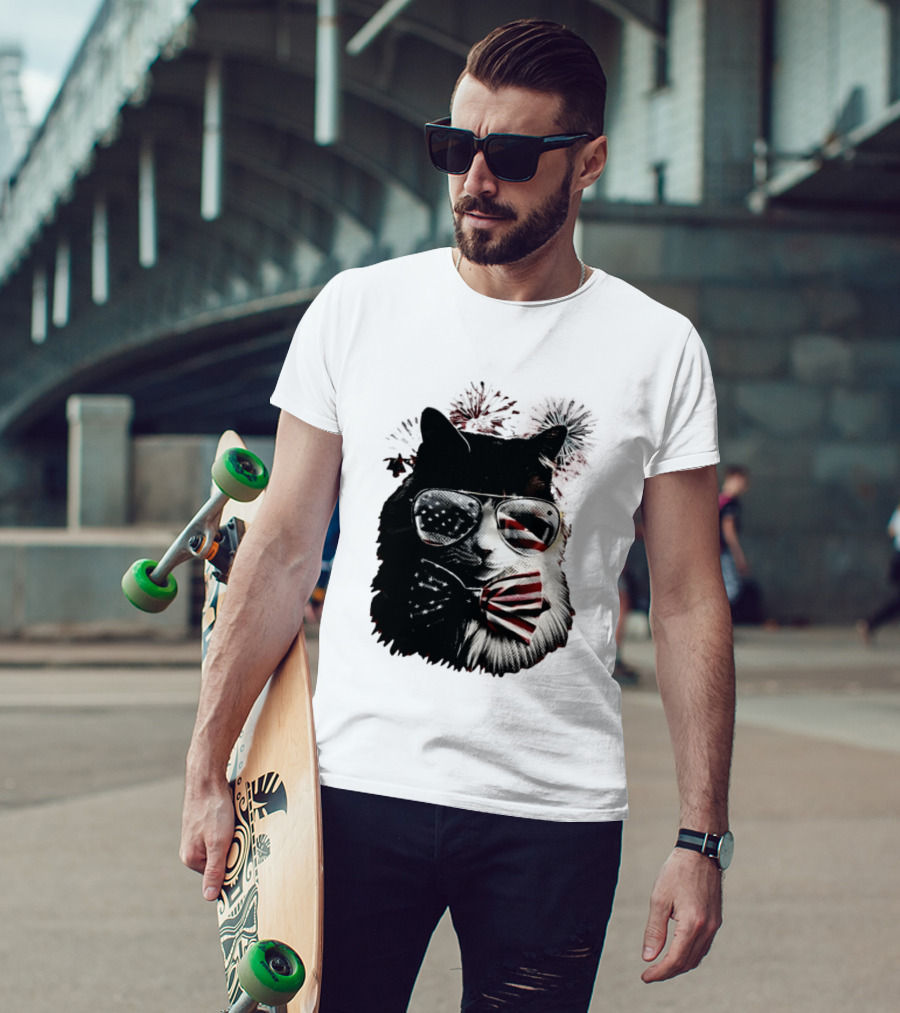 American Flag Cat Sunglasses And Bowtie Fireworks Independence Day T-Shirt