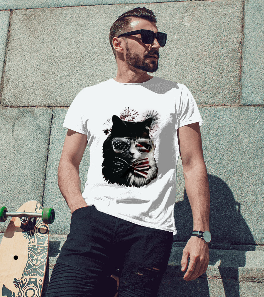 American Flag Cat Sunglasses And Bowtie Fireworks Independence Day T-Shirt