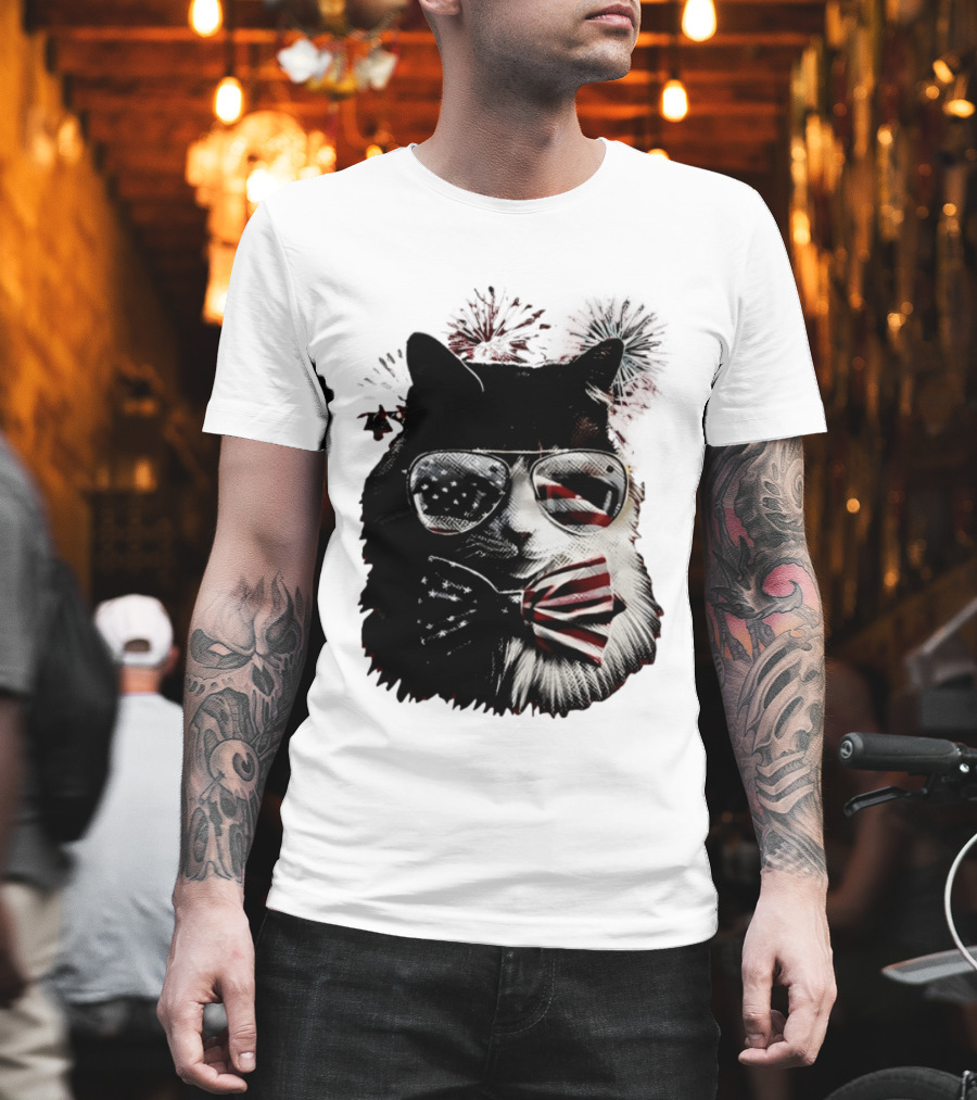 American Flag Cat Sunglasses And Bowtie Fireworks Independence Day T-Shirt