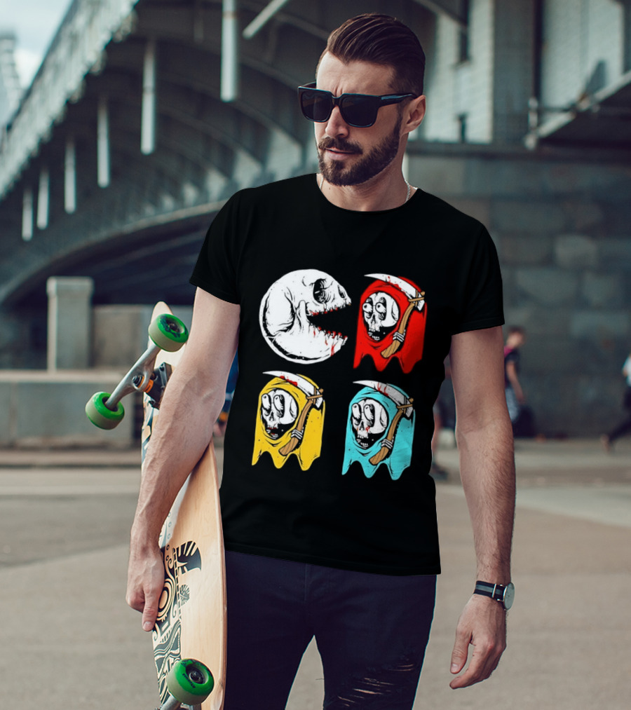 Pac Man Skeleton Skull Ghost Grim Reaper Red Yellow Blue T-Shirt