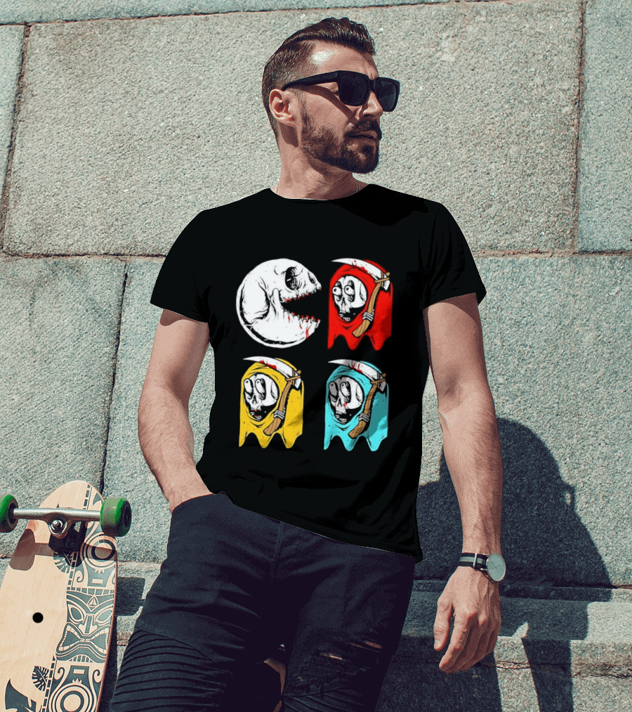 Pac Man Skeleton Skull Ghost Grim Reaper Red Yellow Blue T-Shirt