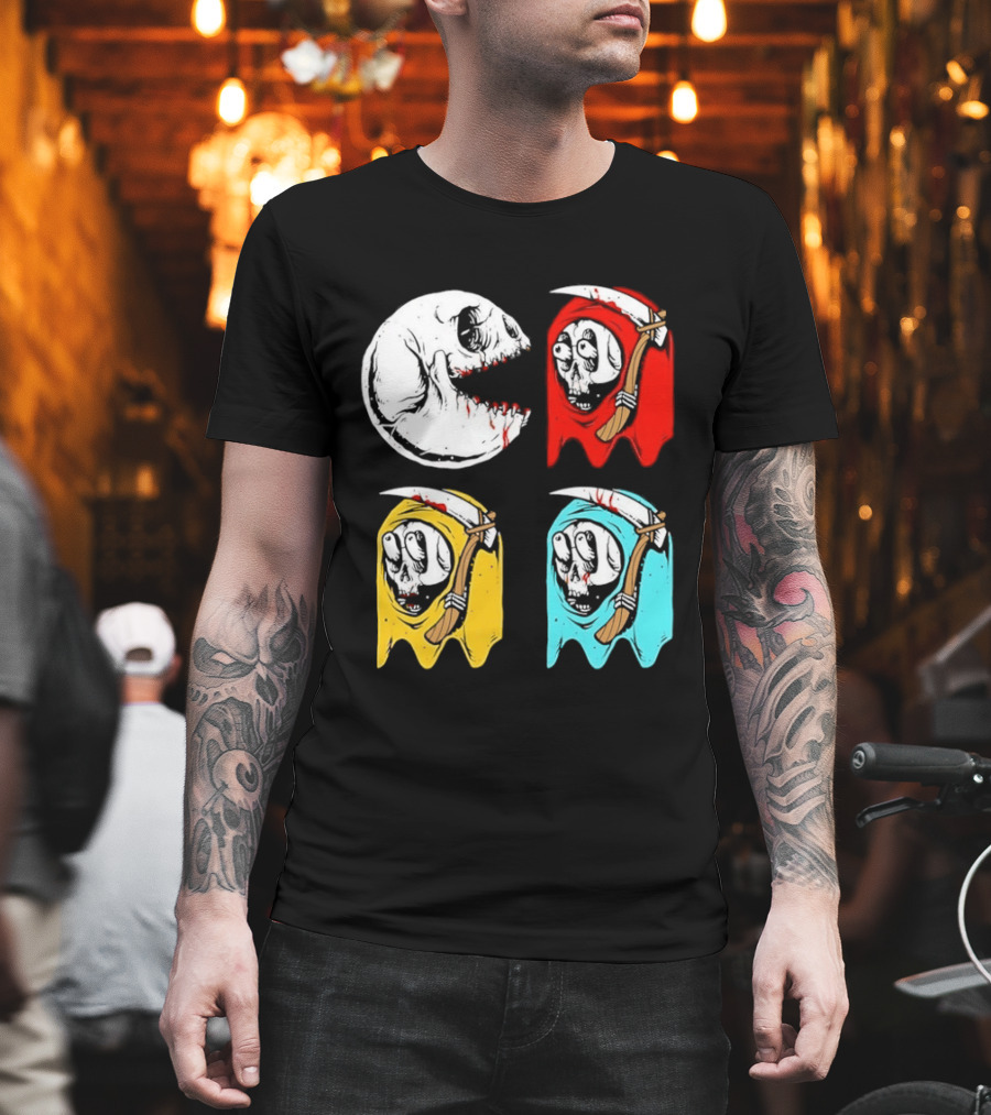 Pac Man Skeleton Skull Ghost Grim Reaper Red Yellow Blue T-Shirt