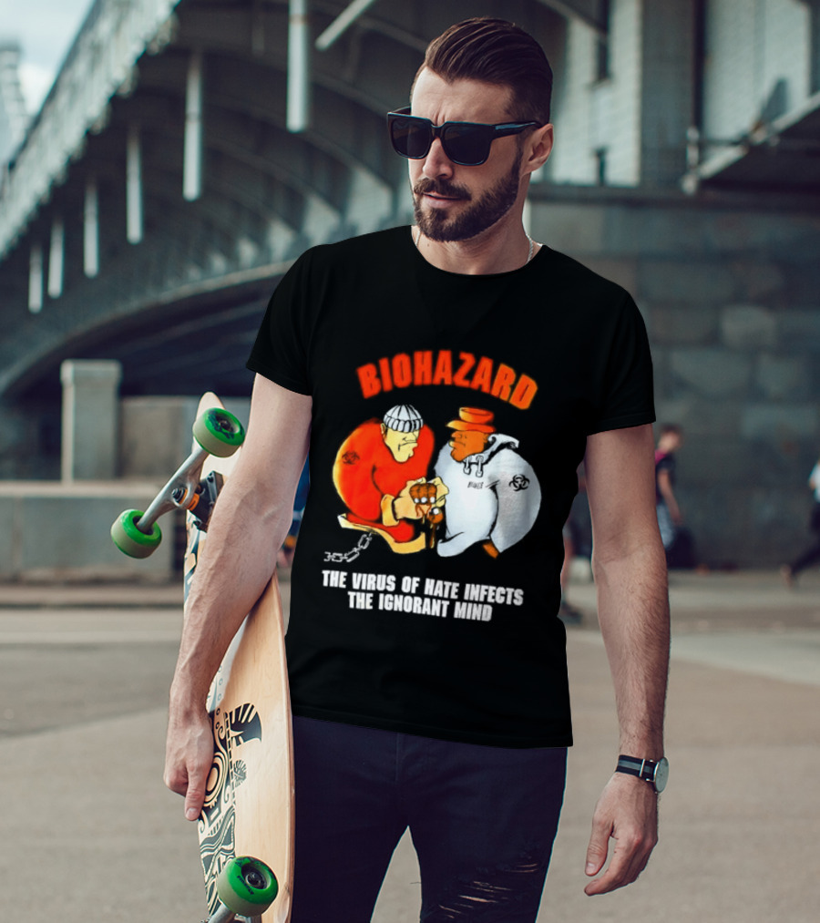 Biohazard The Virus Of Hate Infects The Ignorant Mind Orange And White Figures Confrontation T-Shirt