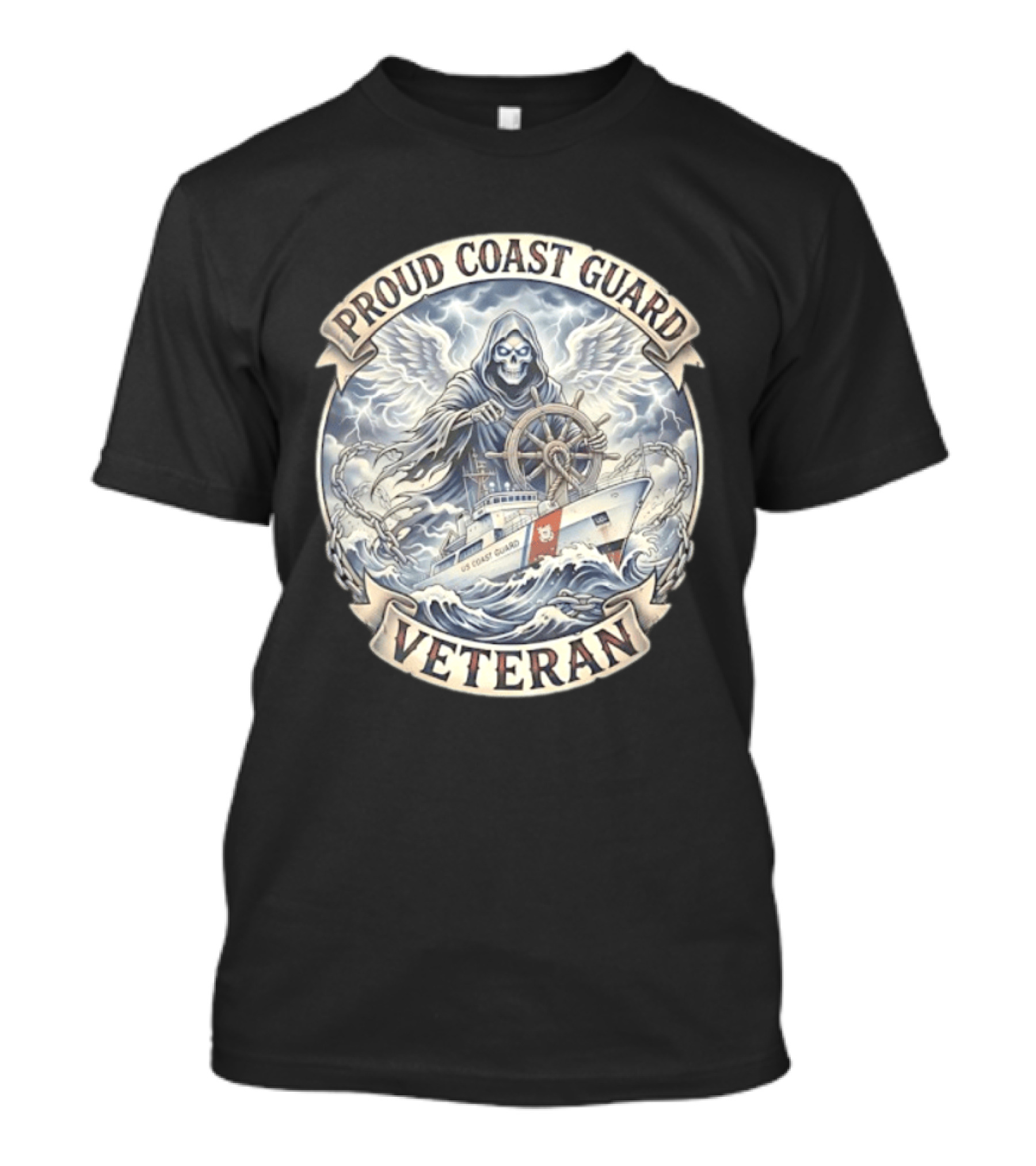 Proud Coast Guard Veteran Grim Reaper With Ship And Wheel T-Shirt