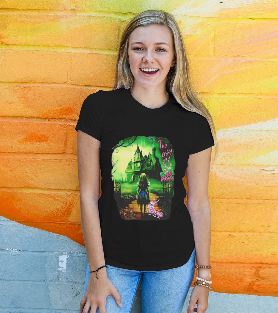 The Only Way To The Light Is Through Darkness Alice In Wonderland Horror Dark Gothic Mansion Path Rabbit T-Shirt