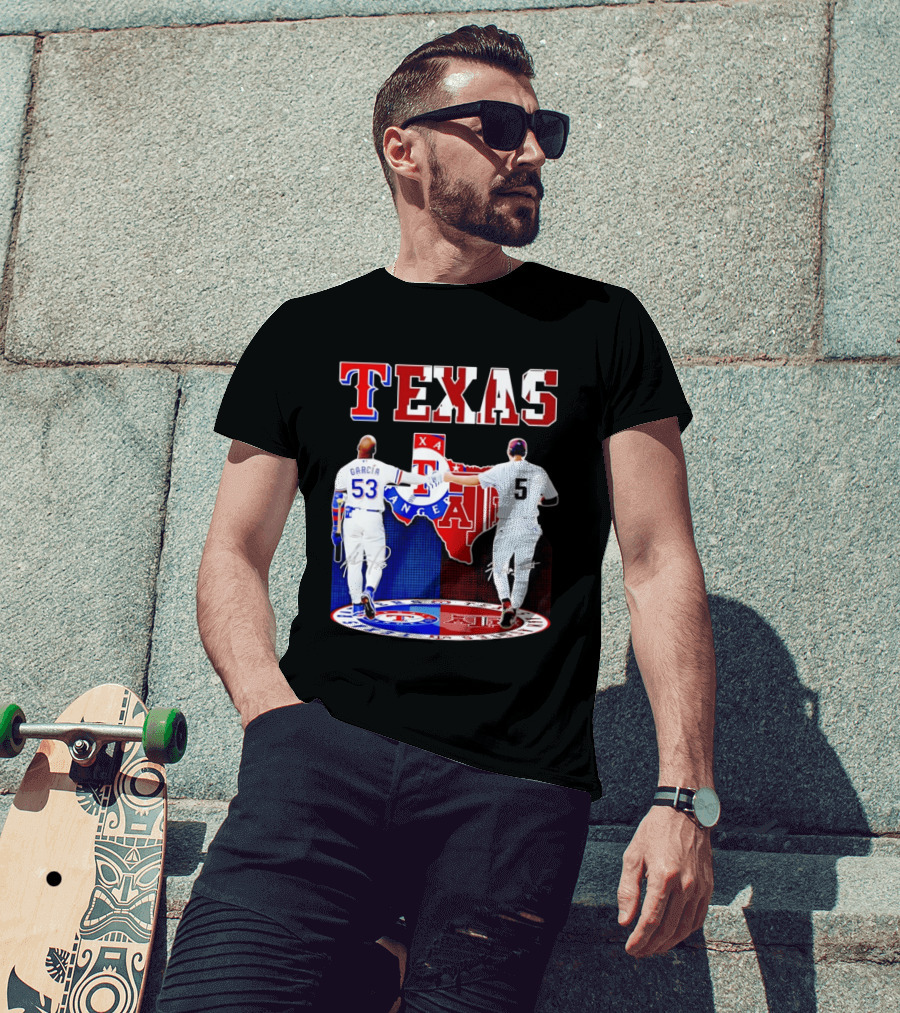 Texas Rangers Adolis Garcia And Texas A&M Aggies Hunter Schott Split Map T-Shirt