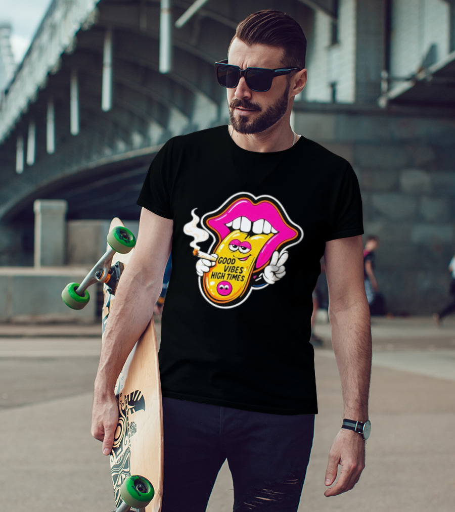 Good Vibes High Times Smoking Tongue And Peace Sign T-Shirt