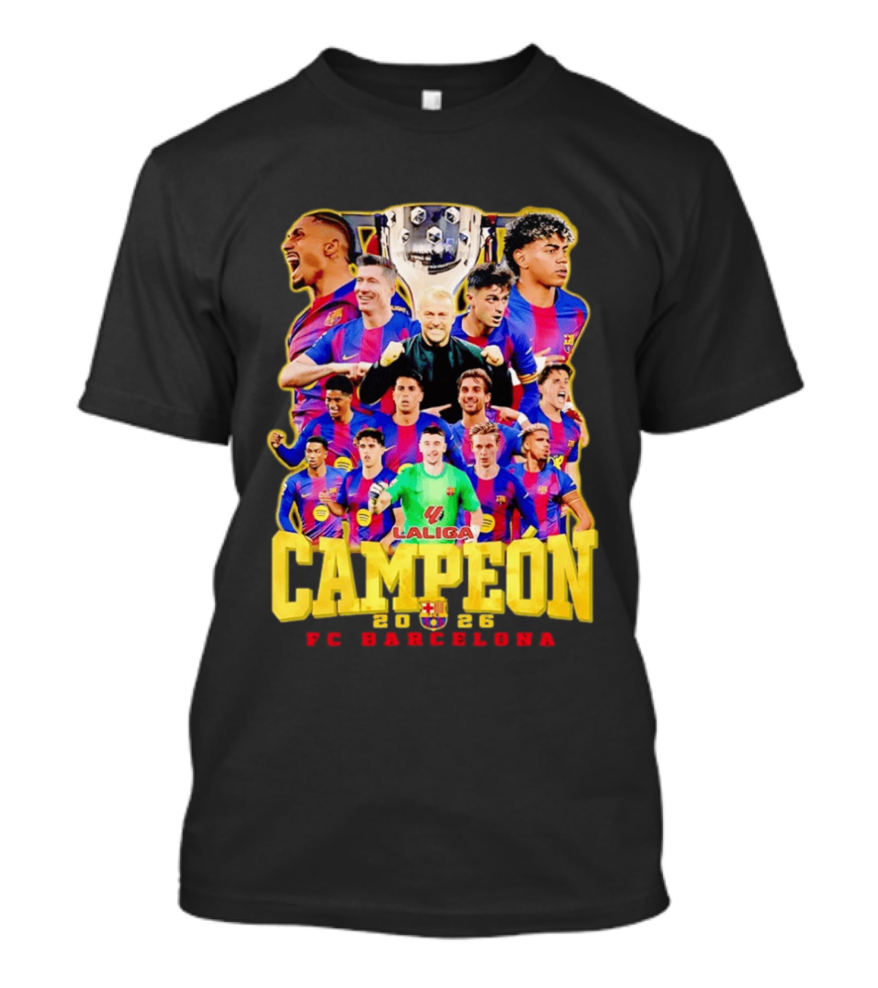 Hansi Flick Robert Lewandowski Lamine Yamal Pedri Raphinha FC Barcelona LaLiga Campeón 2026 T-Shirt