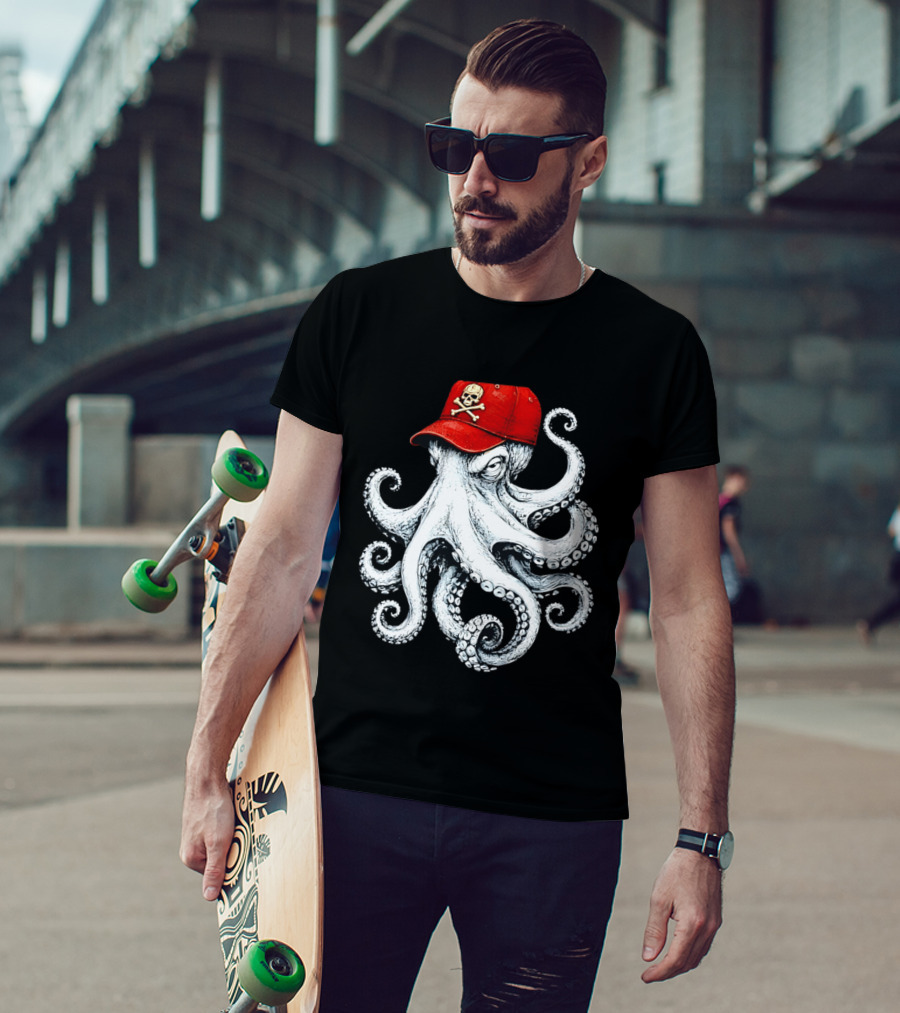 Octopus In Red Cap With Skull And Crossbones T-Shirt