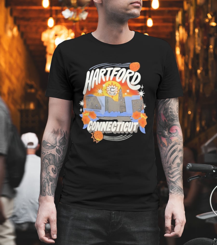 Hartford Connecticut Sun Basketball Skyline With Flowers And Basketballs T-Shirt