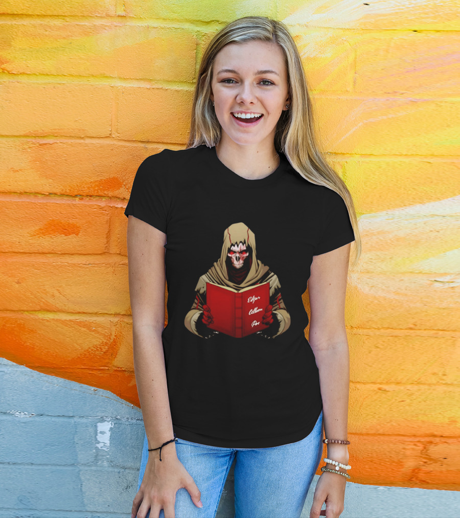 Grim Reaper Hooded Skeleton With Red Eyes Holding Edgar Allan Poe Book T-Shirt