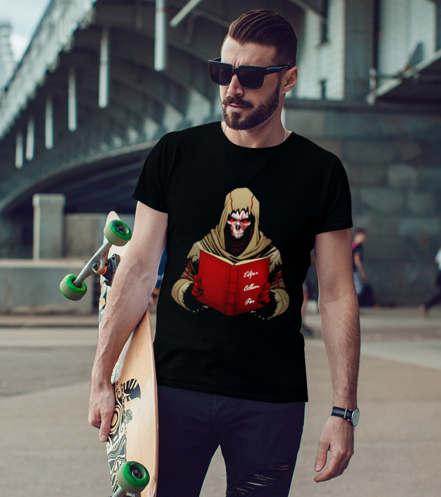 Grim Reaper Hooded Skeleton With Red Eyes Holding Edgar Allan Poe Book T-Shirt