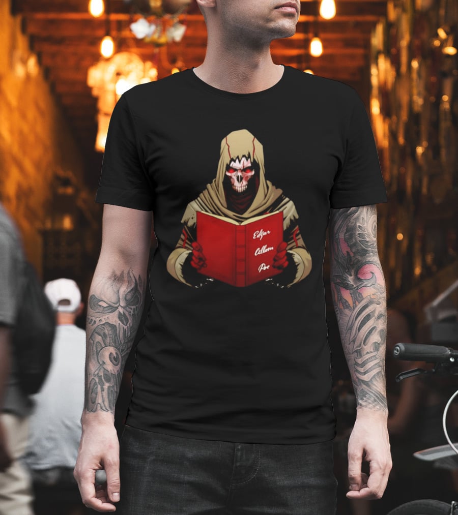 Grim Reaper Hooded Skeleton With Red Eyes Holding Edgar Allan Poe Book T-Shirt