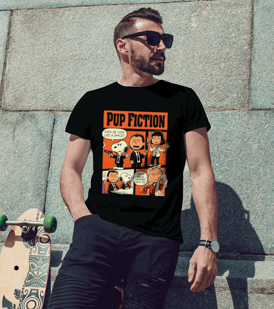 Peanuts Pup Fiction Does He Look Like A Bitch Snopy And Franklin Vincent Jules Mia T-Shirt