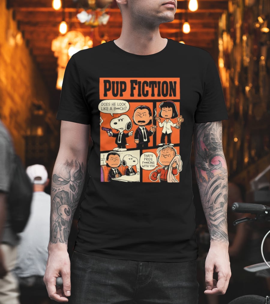 Peanuts Pup Fiction Does He Look Like A Bitch Snopy And Franklin Vincent Jules Mia T-Shirt