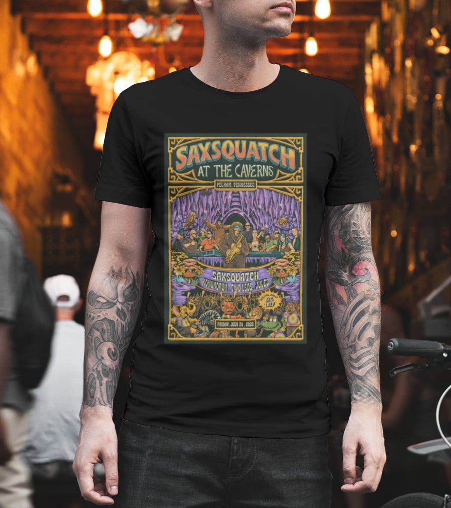 Saxsquatch At The Caverns Pelham Tennessee July 24 2026 Konundrum Two Egos Julez T-Shirt