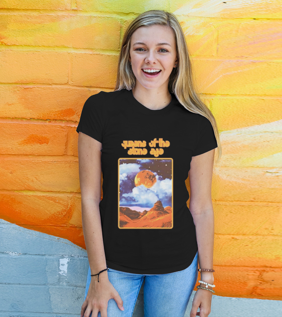 Queens Of The Stone Age Moon Landscape With Orange Cloudy Night Sky And Desert Scene T-Shirt
