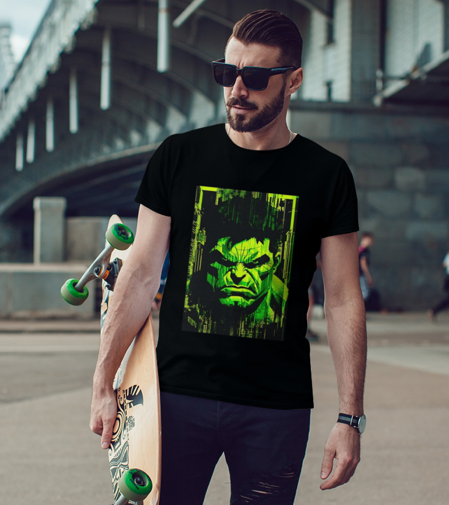 Hulk Glitch Digital Green Abstract Face T-Shirt