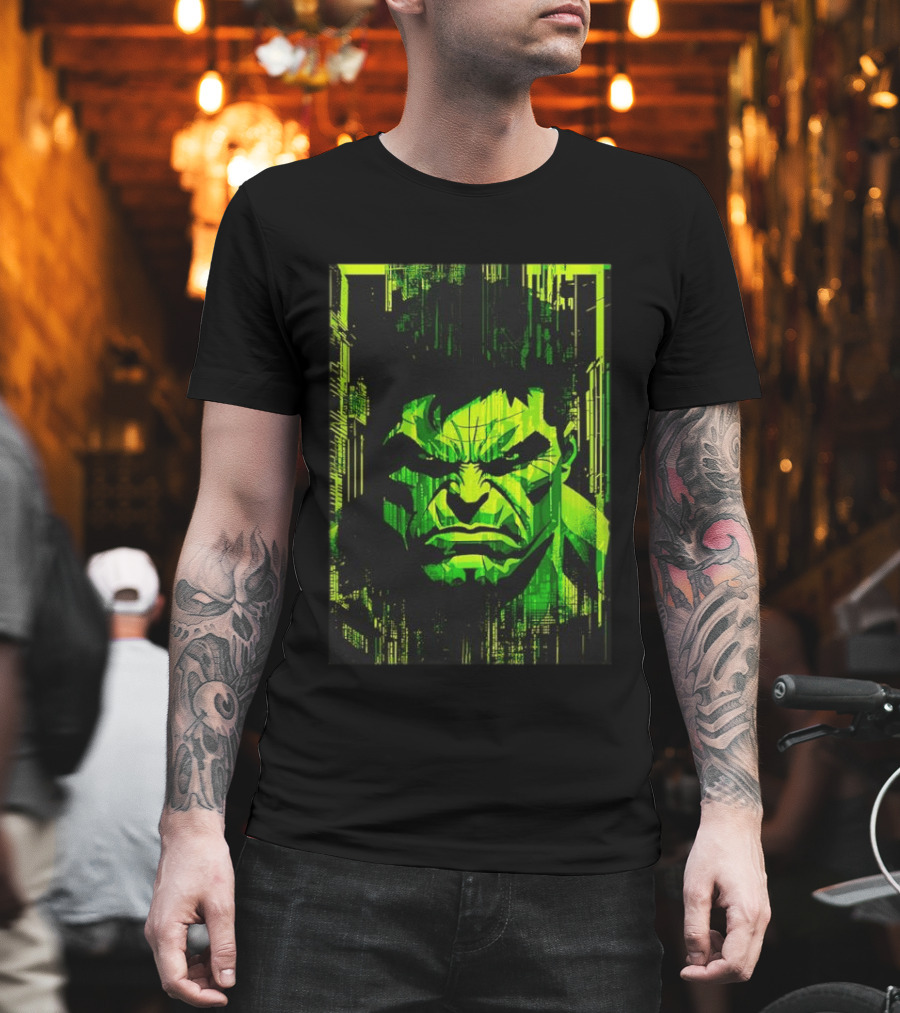 Hulk Glitch Digital Green Abstract Face T-Shirt