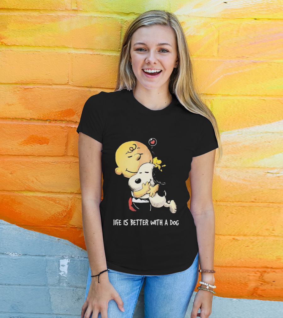 Snoopy Charlie Brown Life Is Better With A Dog Hugging Heart T-Shirt