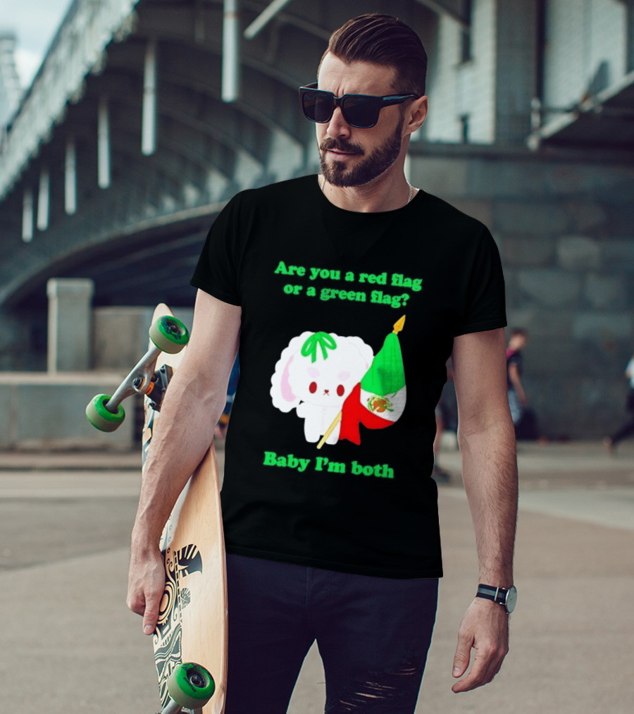 Nonomochi Mexico Flag Are You A Red Flag Or A Green Flag Cute Bunny Holding Mexican Flag T-Shirt