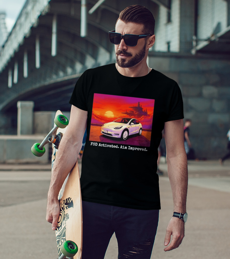 Tesla Model Y FSD Activated Aim Improved Sunset Futuristic City Scene T-Shirt