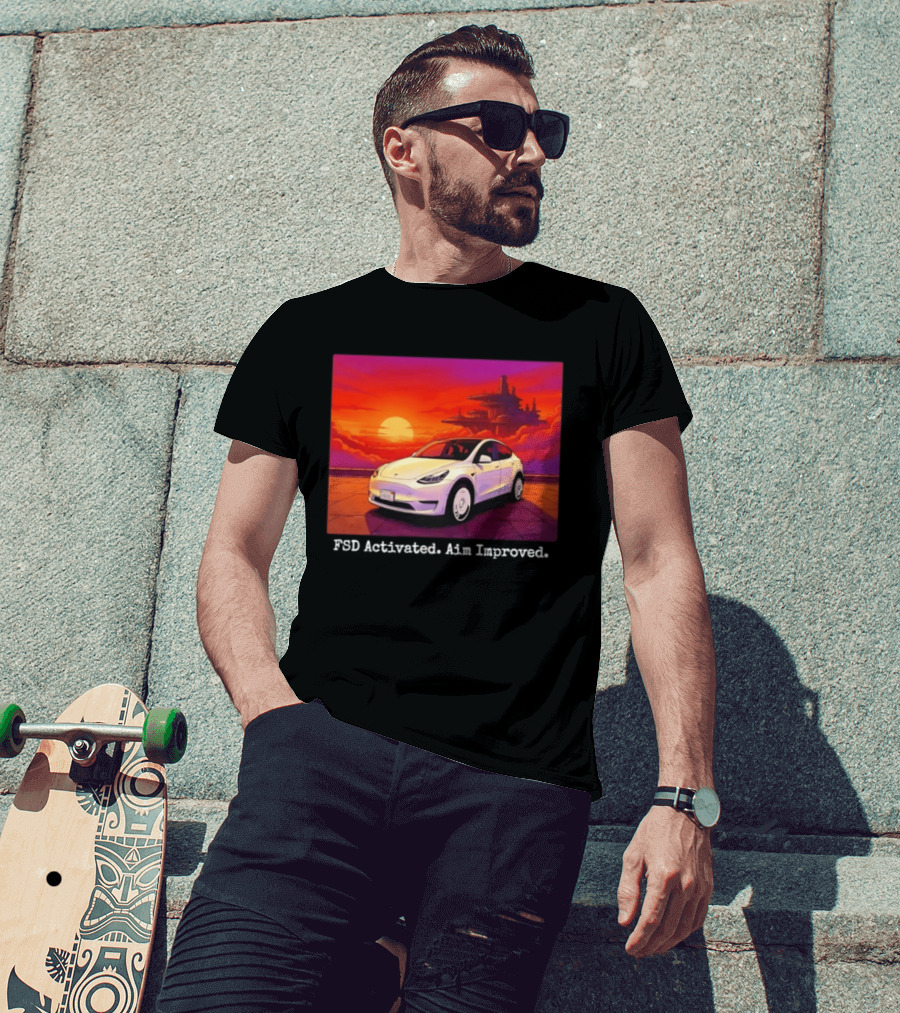 Tesla Model Y FSD Activated Aim Improved Sunset Futuristic City Scene T-Shirt