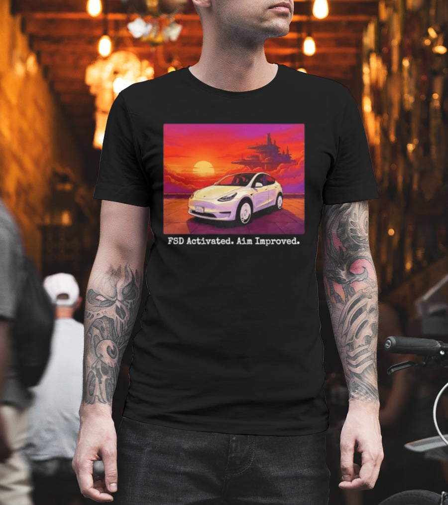 Tesla Model Y FSD Activated Aim Improved Sunset Futuristic City Scene T-Shirt