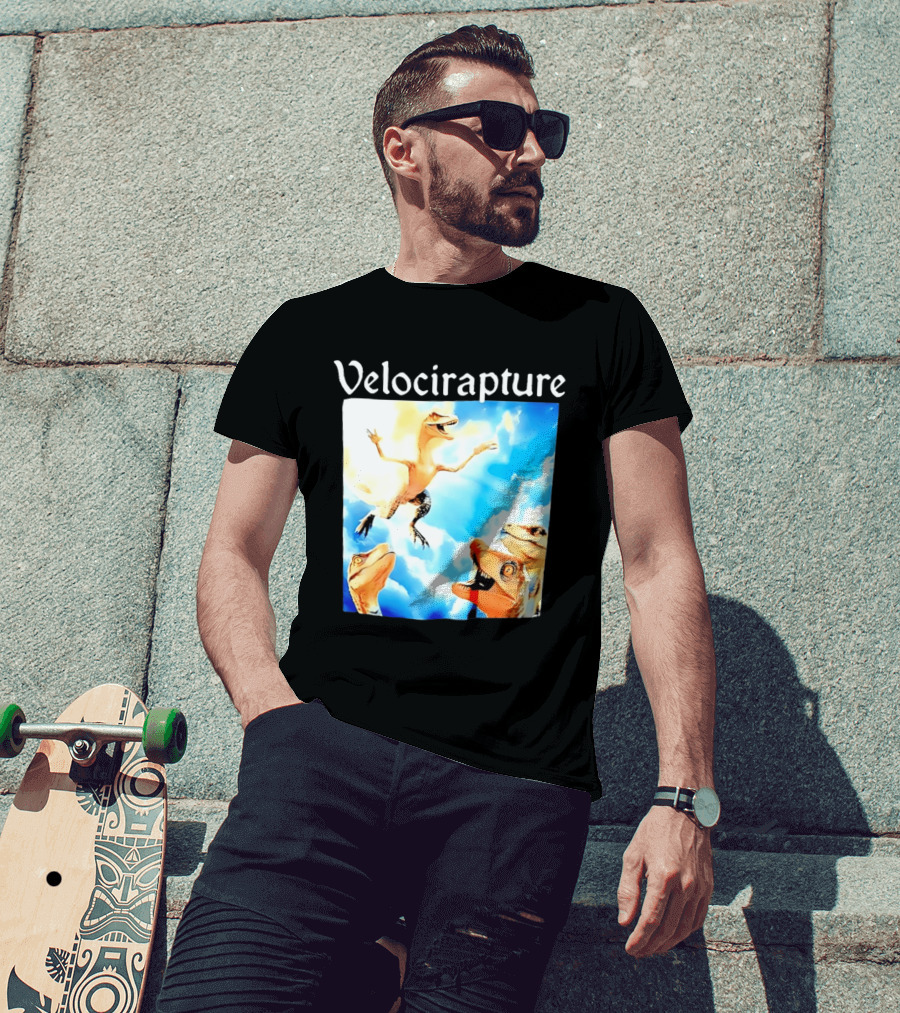 Velocirapture Dinosaur Raptor With Clouds And Blue Sky T-Shirt