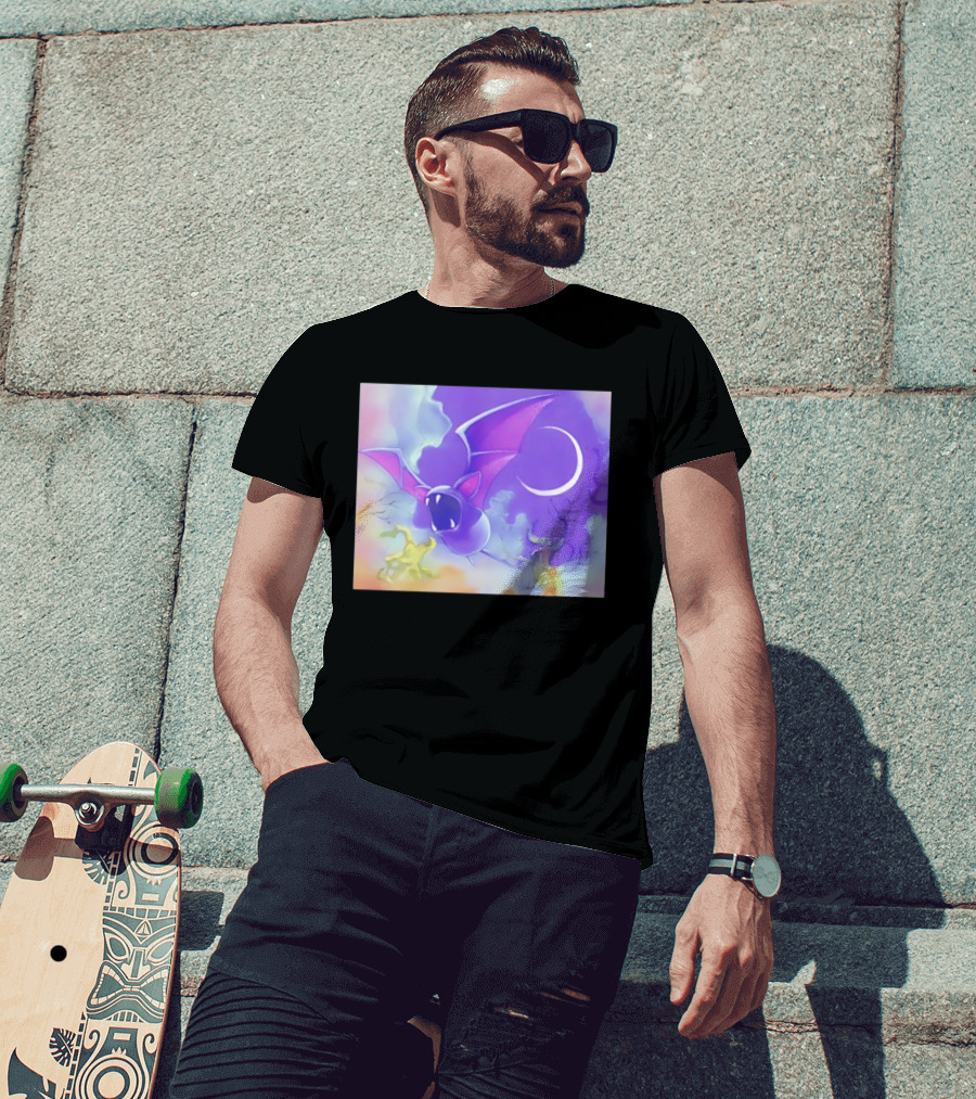 Spooky Bat With Pink Wings Flying Under Crescent Moon Halloween Night Scene T-Shirt