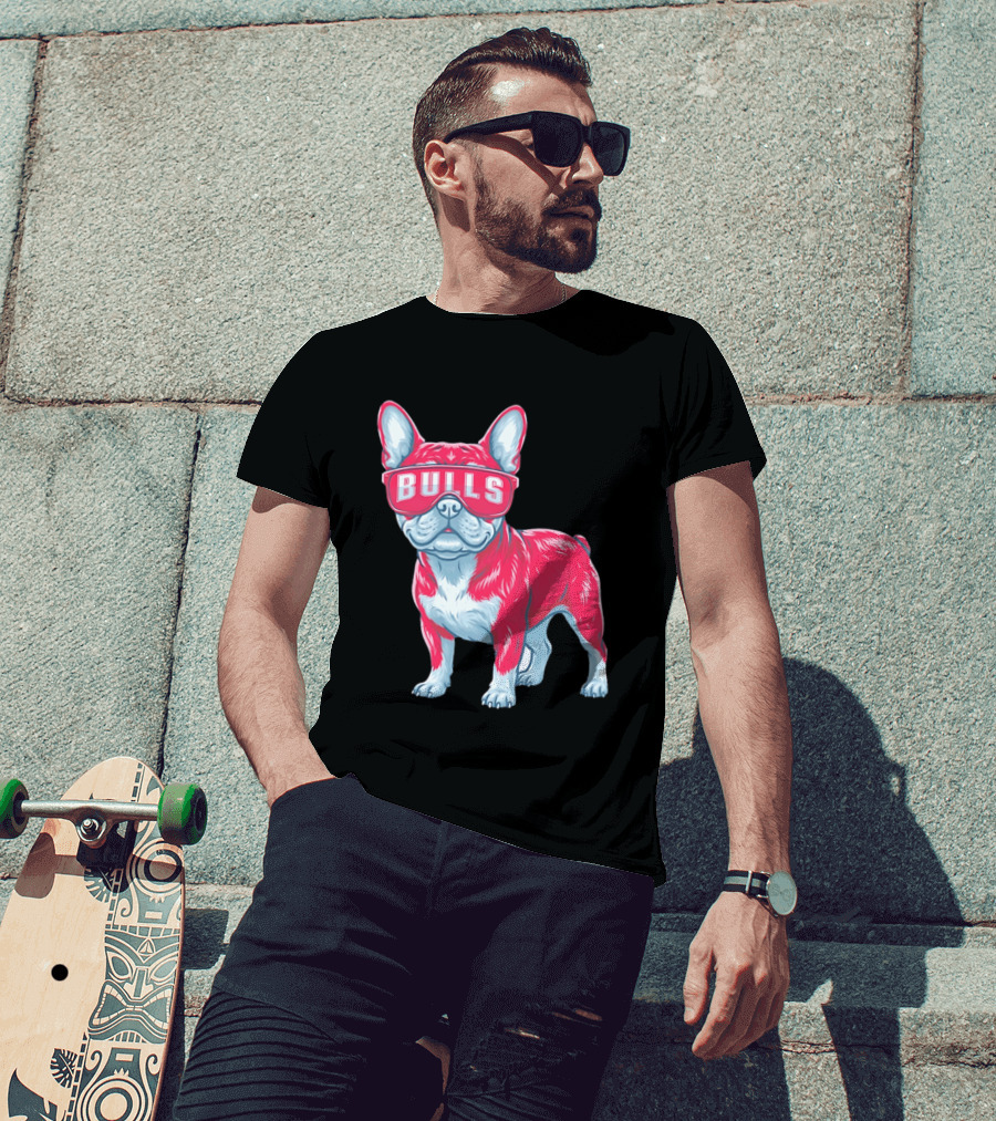 Chicago Bulls French Bulldog Wearing Bulls Glasses T-Shirt