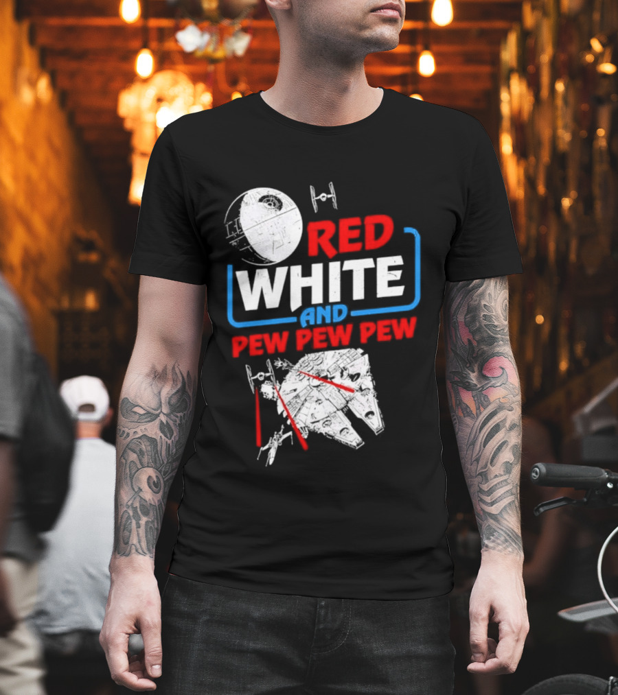 Star Wars Millennium Falcon Red White And Pew Pew Pew Death Star Tie Fighter T-Shirt