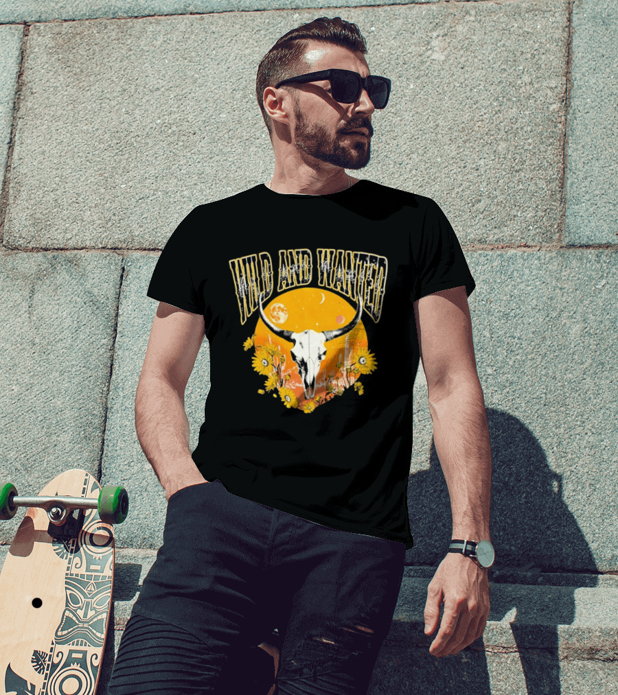 Wild And Wanted Bull Skull Sun Moon Desert Cactus Flowers Western Boho T-Shirt
