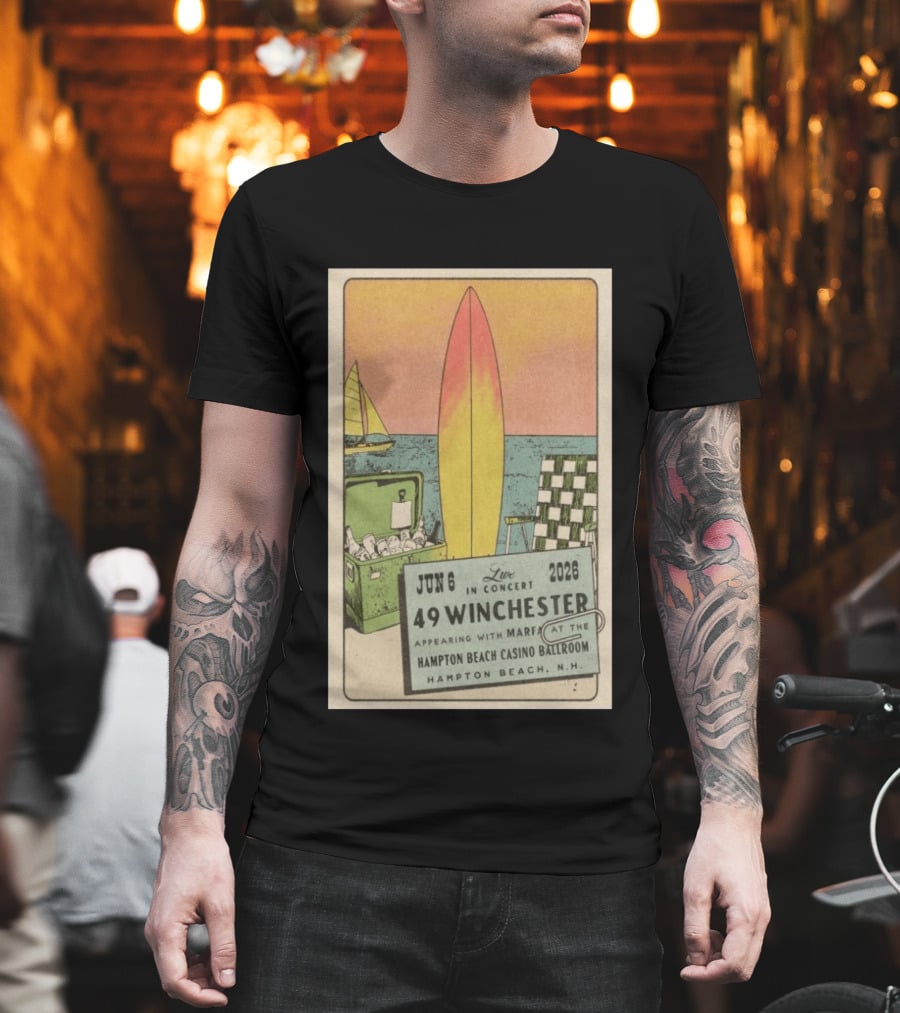 49 Winchester Live In Concert June 06 2026 Hampton Beach Casino Ballroom NH Appearing With Marfa Surfboard Ice Cooler Beach Scene T-Shirt