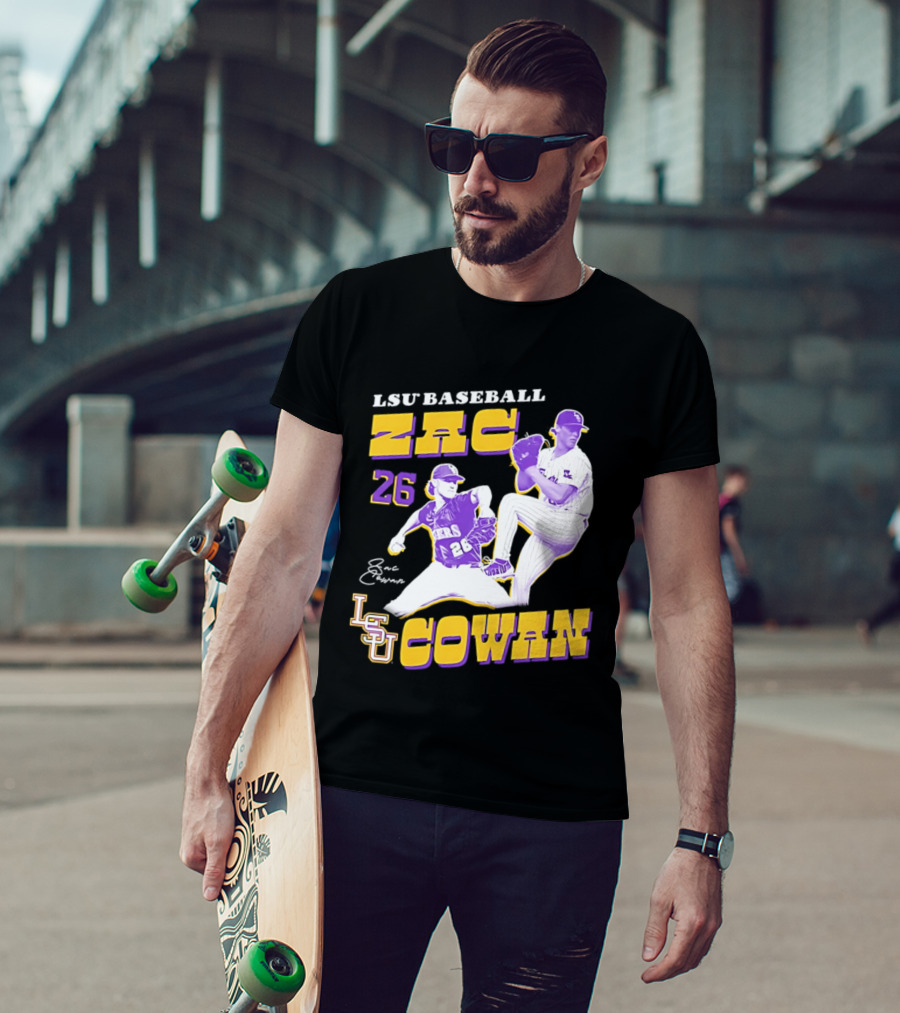 LSU Baseball Zac Cowan 26 Pitching Action Pose T-Shirt