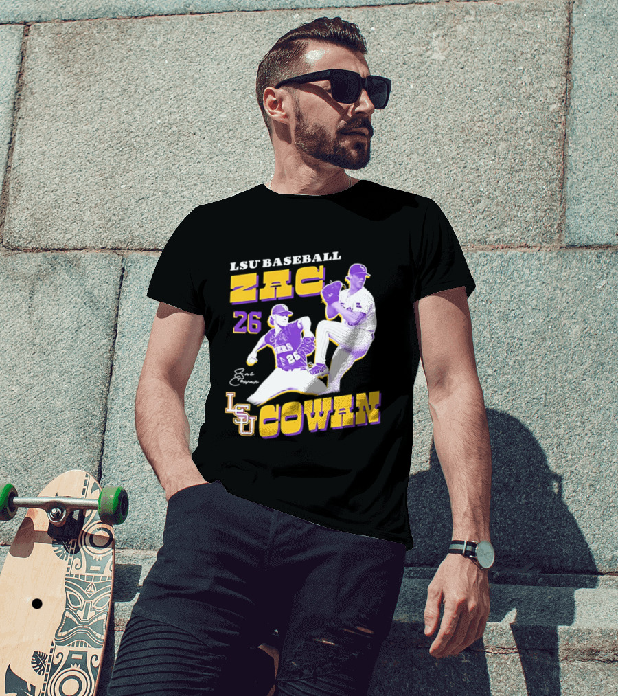 LSU Baseball Zac Cowan 26 Pitching Action Pose T-Shirt