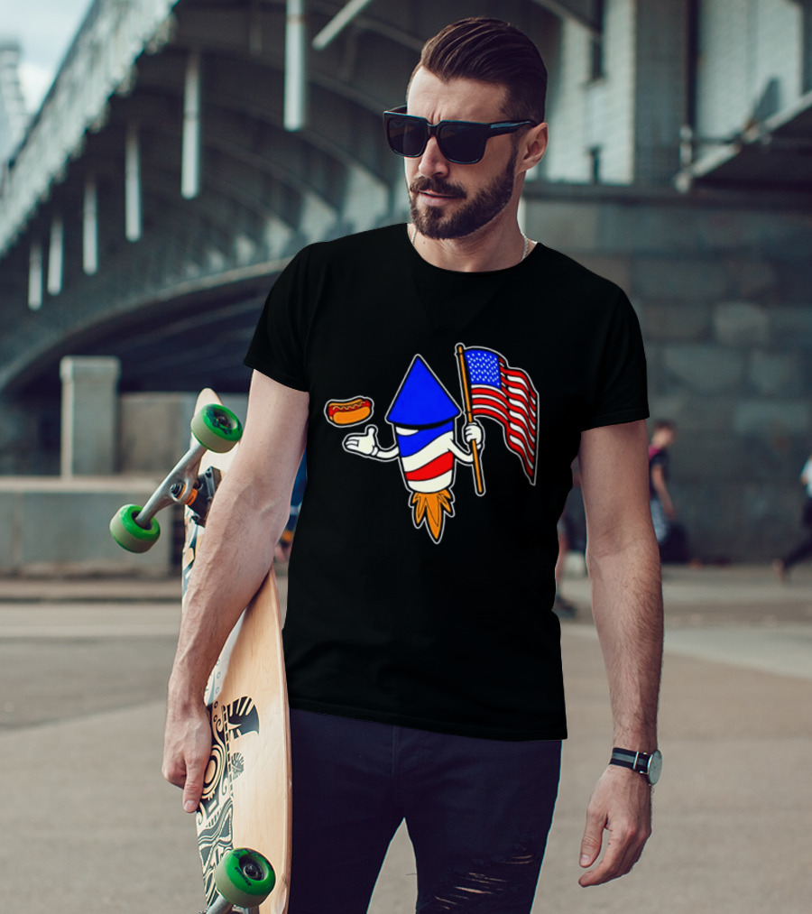 Fireworks Rocket American Flag And Hot Dog Celebration T-Shirt